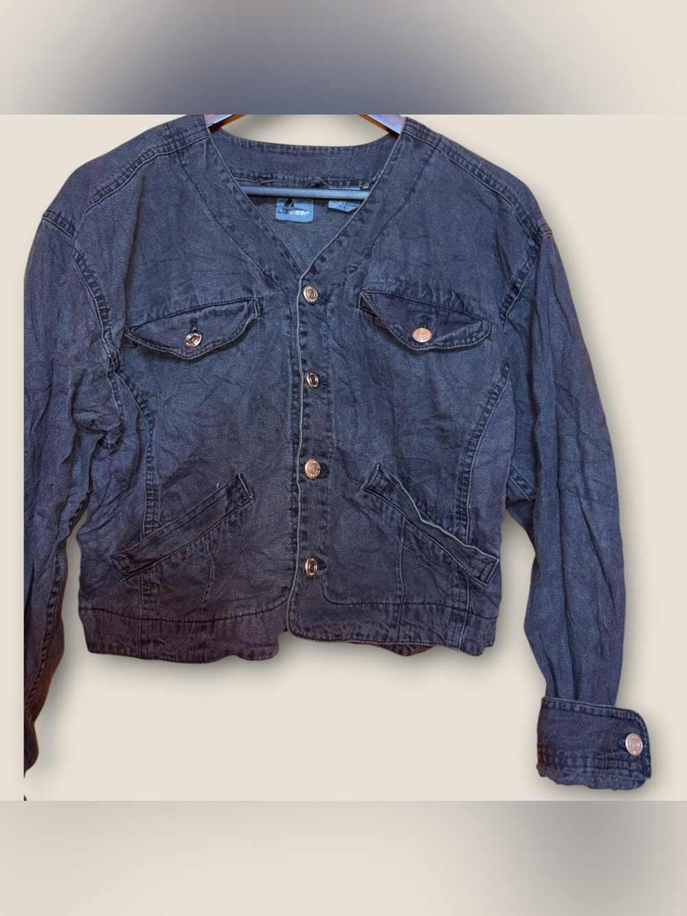 Vintage 80s/90s Lizwear 100% Cotton Washed Grey Denim Look Button Cropped Jacket